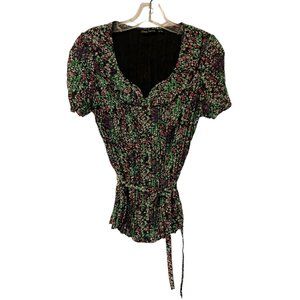 Dana Taylor All Over Floral Print Pleated Belted Button Up SS Blouse Small
